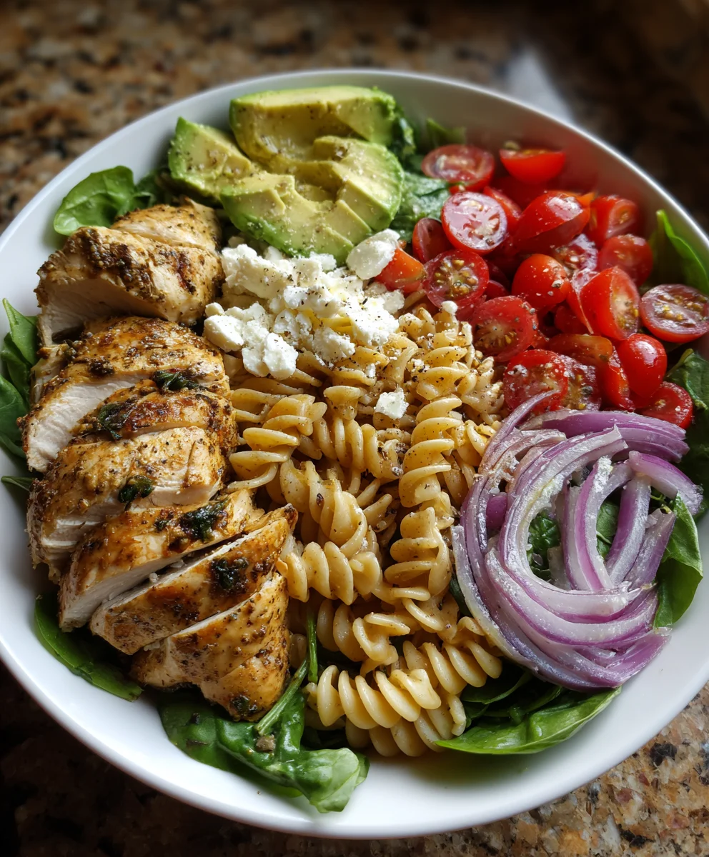 Healthy Chicken Pasta Salad with Avocado Tomato