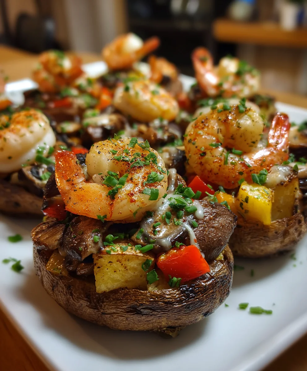Steak, Shrimp & Mushroom Loaded Baked Potatoes