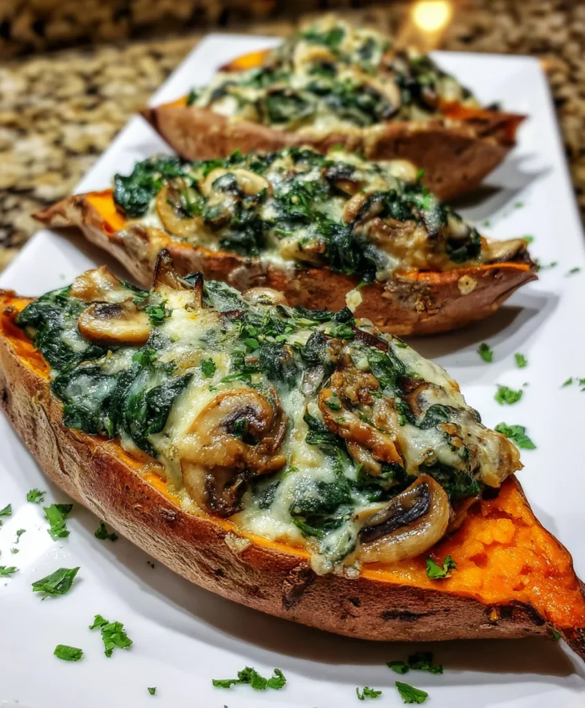 Creamy Mushroom Spinach Stuffed Sweet Potatoes
