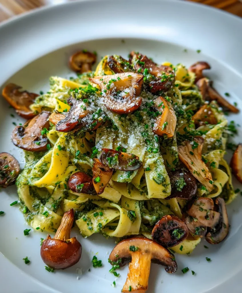 Savor Fresh Tagliatelle with Miso Pesto & Garlic Mushrooms