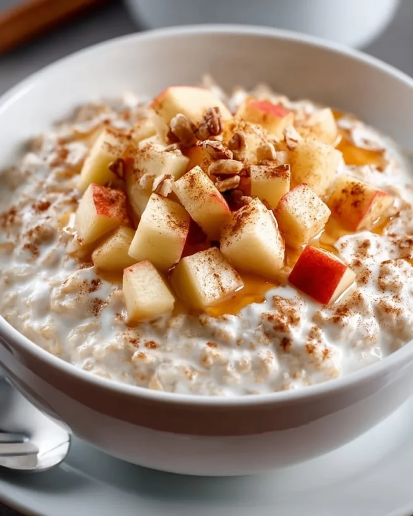 Bowl of Apple Cinnamon Cottage Cheese Overnight Oats topped with fresh apple slices.