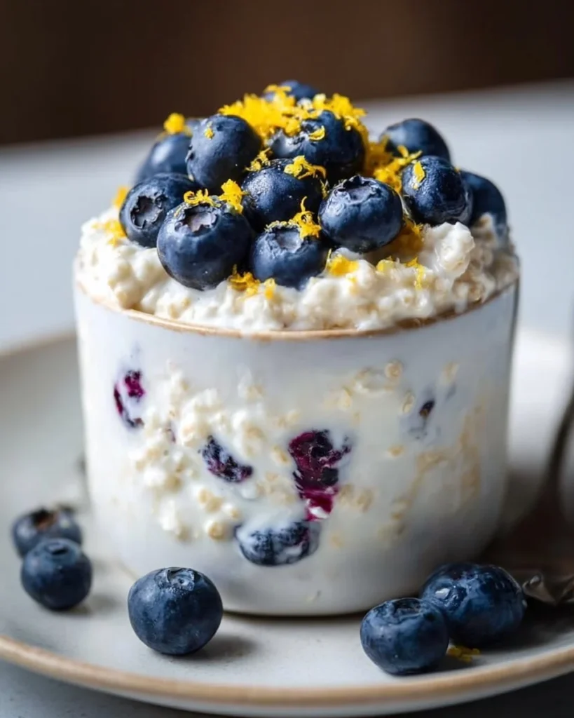 Blueberry lemon high protein overnight oats in a mason jar with fresh blueberries
