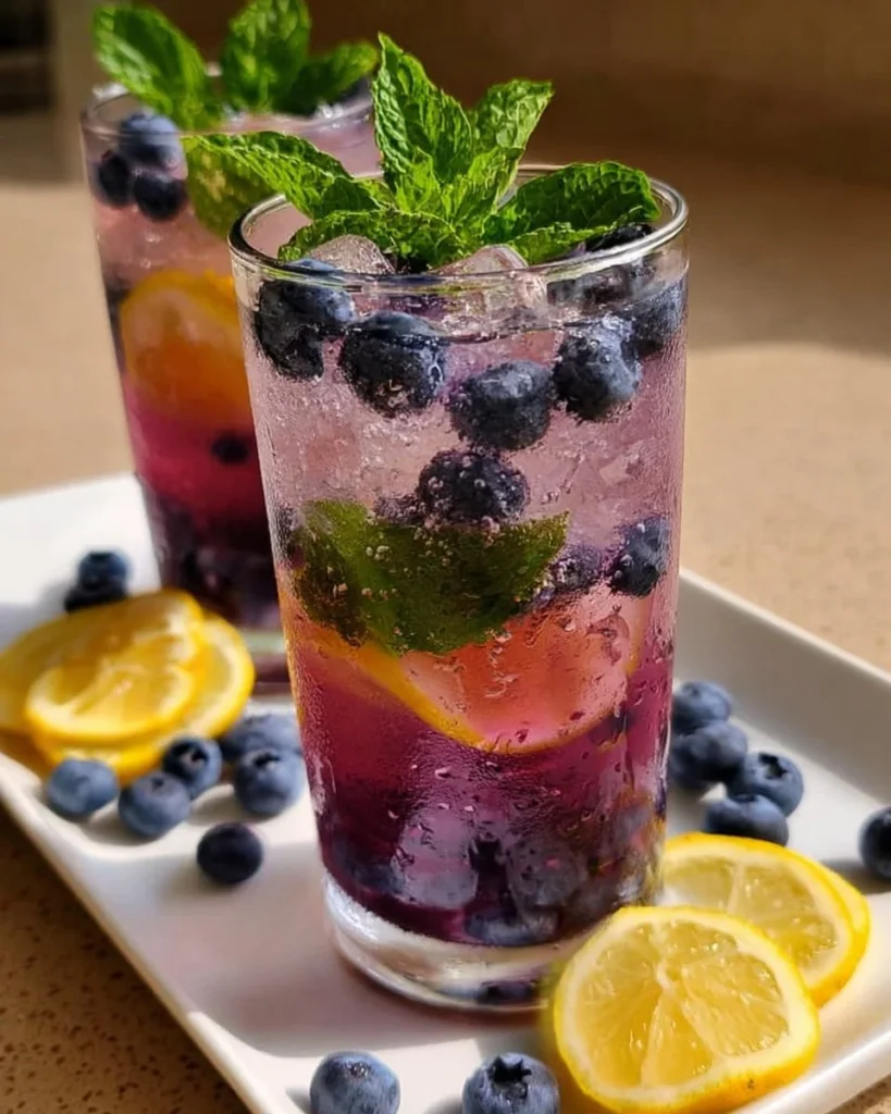 A refreshing Blueberry Mint Citrus Refresher drink garnished with fresh blueberries and mint leaves.