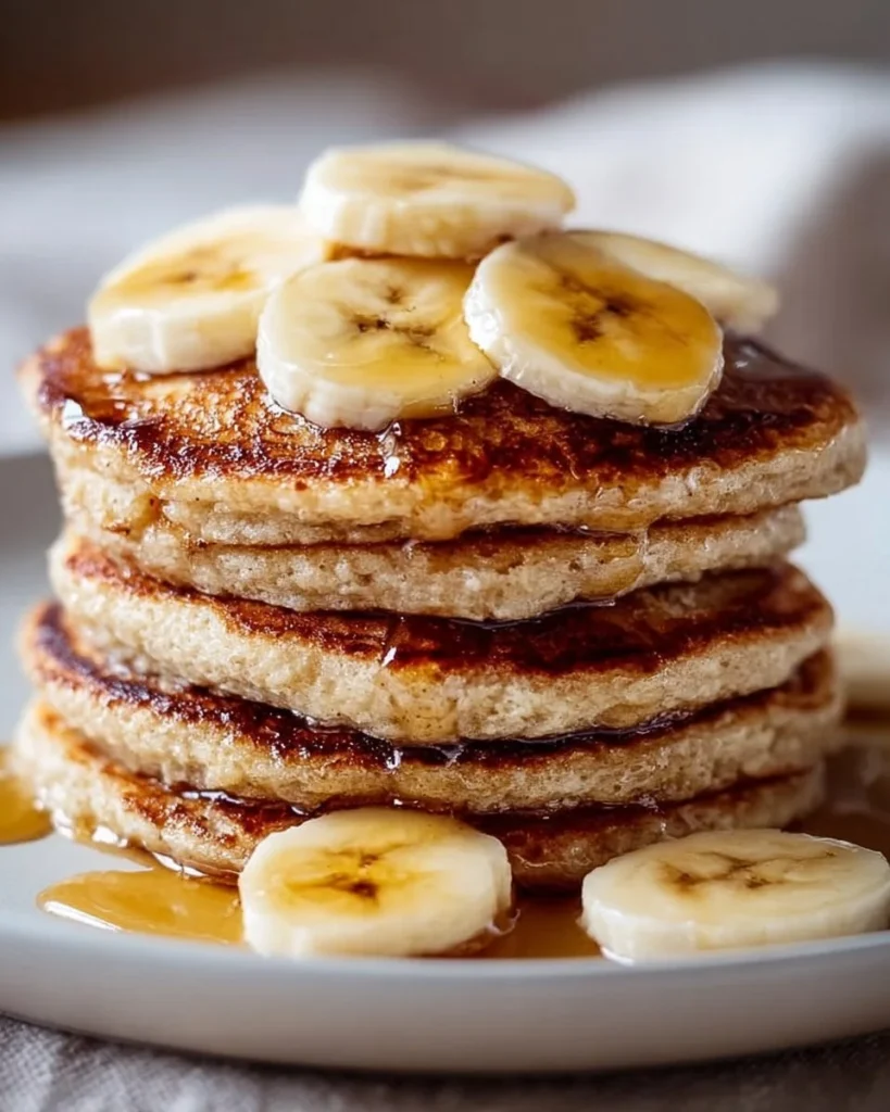 Delicious brown sugar banana bread pancakes stacked and topped with syrup