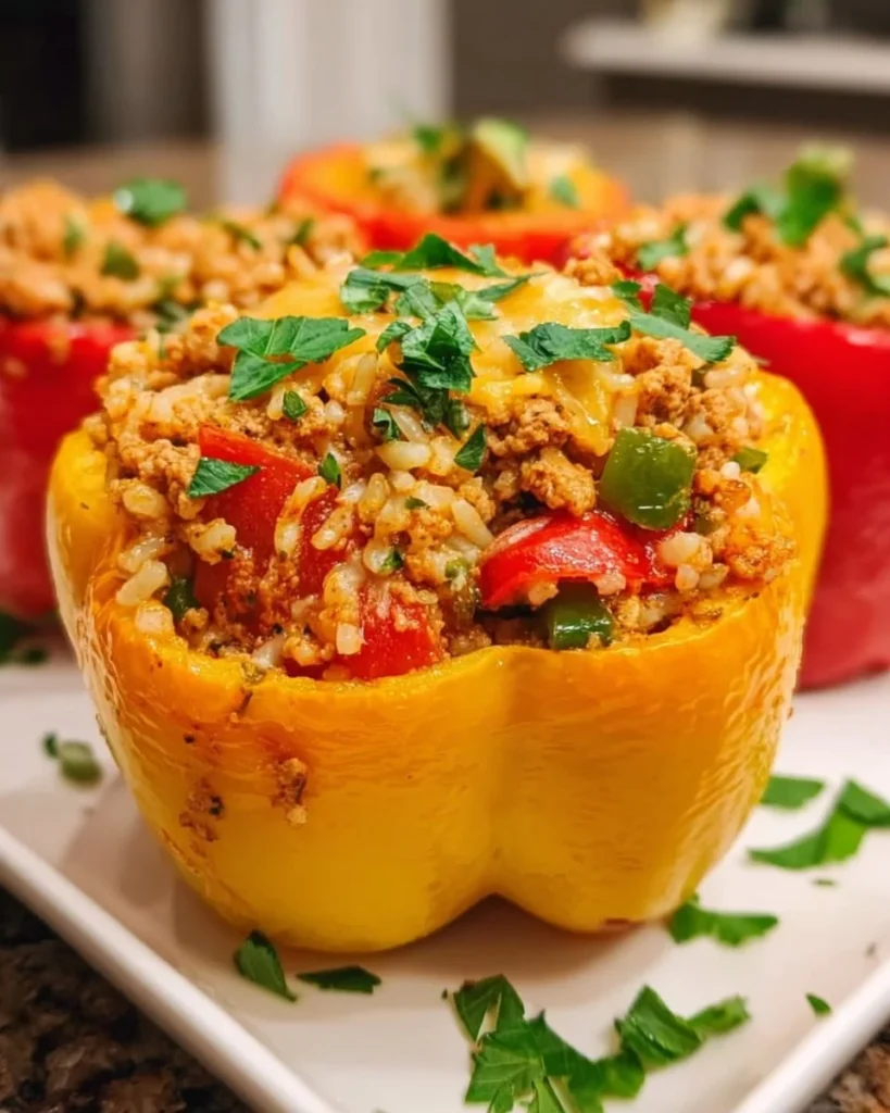 Cajun Rice and Ground Turkey Stuffed Peppers on a plate garnished with herbs