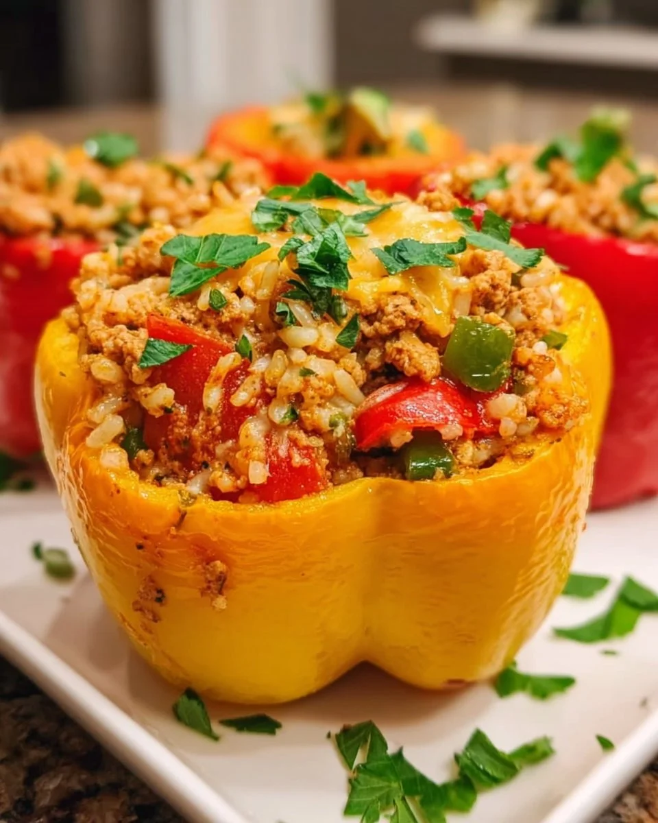 Cajun Rice and Ground Turkey Stuffed Peppers on a plate garnished with herbs