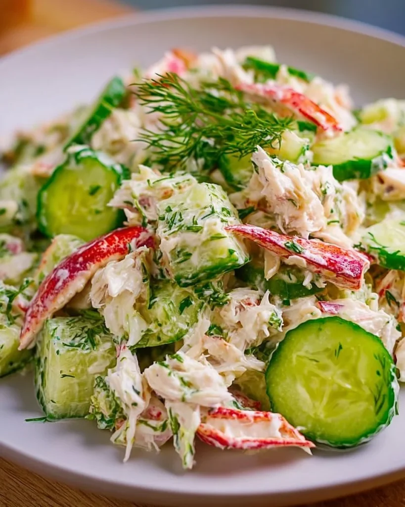 Chilled cucumber crab salad served in a bowl with fresh herbs