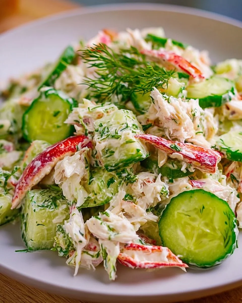Chilled cucumber crab salad served in a bowl with fresh herbs