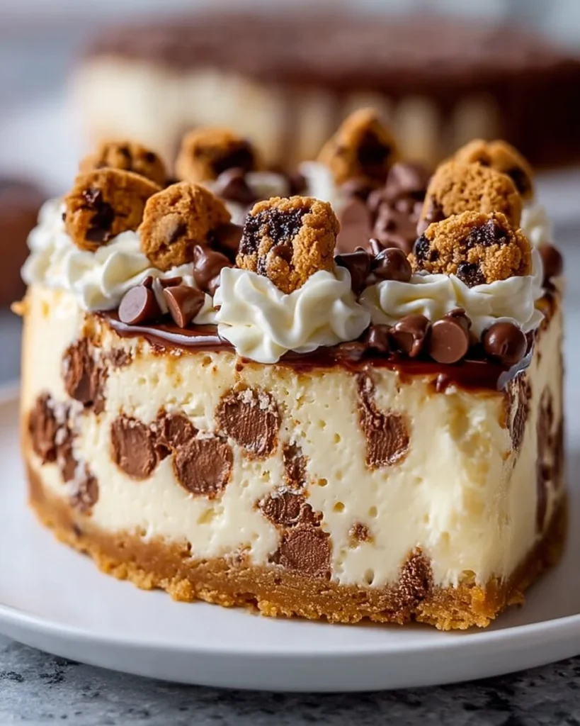 Chocolate chip cookie dough cheesecake with a creamy layer and cookie dough pieces