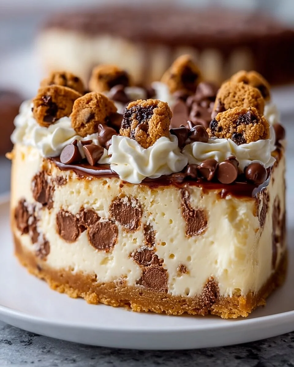 Chocolate chip cookie dough cheesecake with a creamy layer and cookie dough pieces