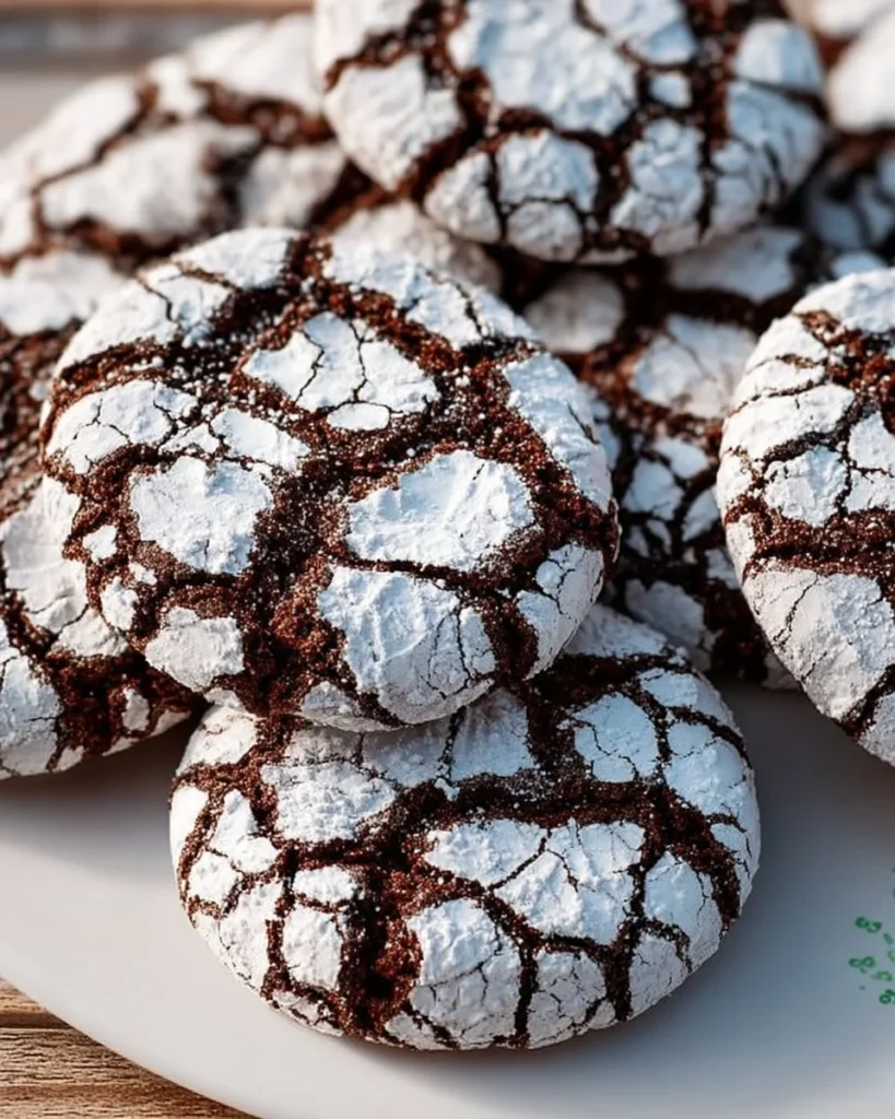 Freshly baked Chocolate Crinkle Cookies covered in powdered sugar
