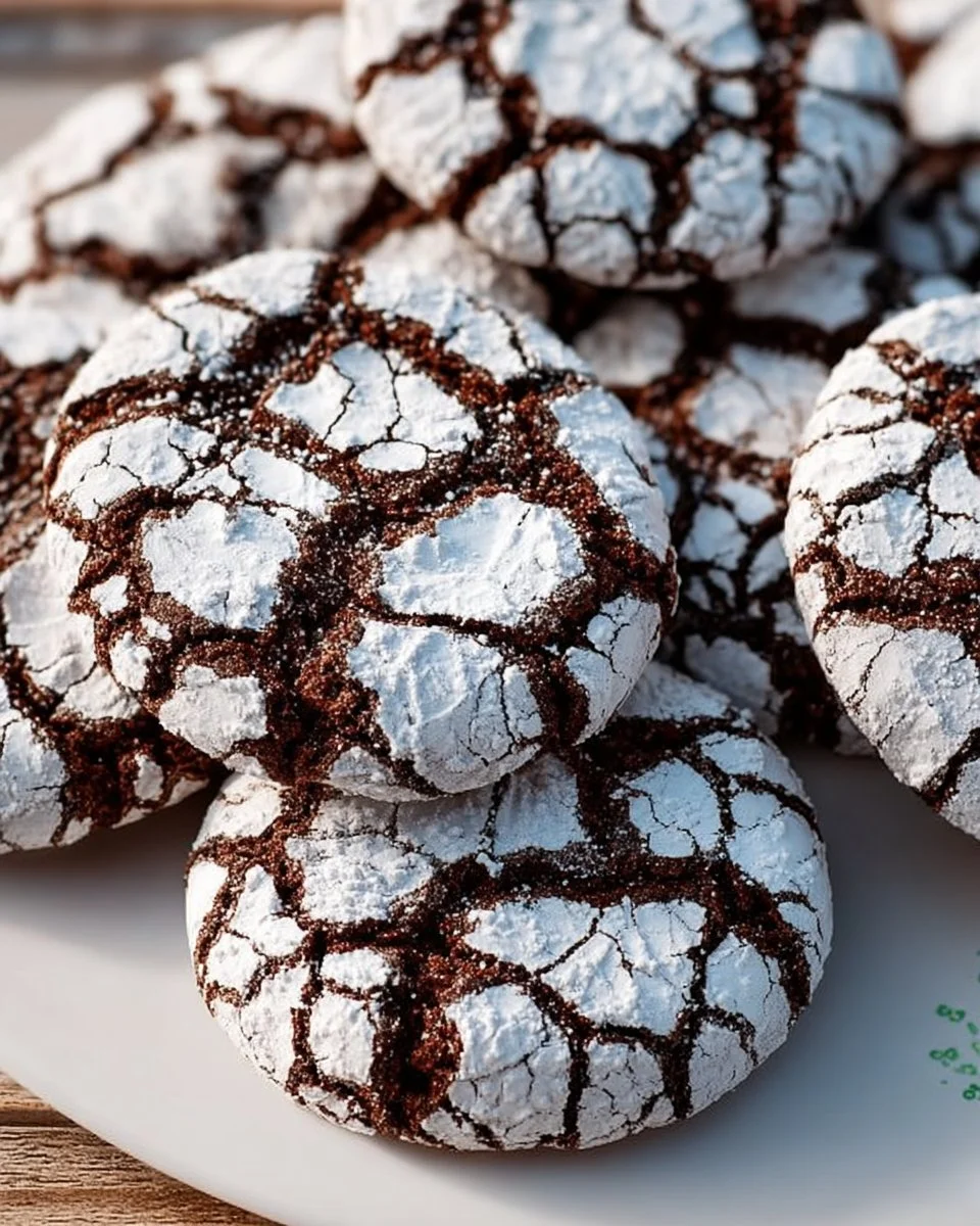 Freshly baked Chocolate Crinkle Cookies covered in powdered sugar