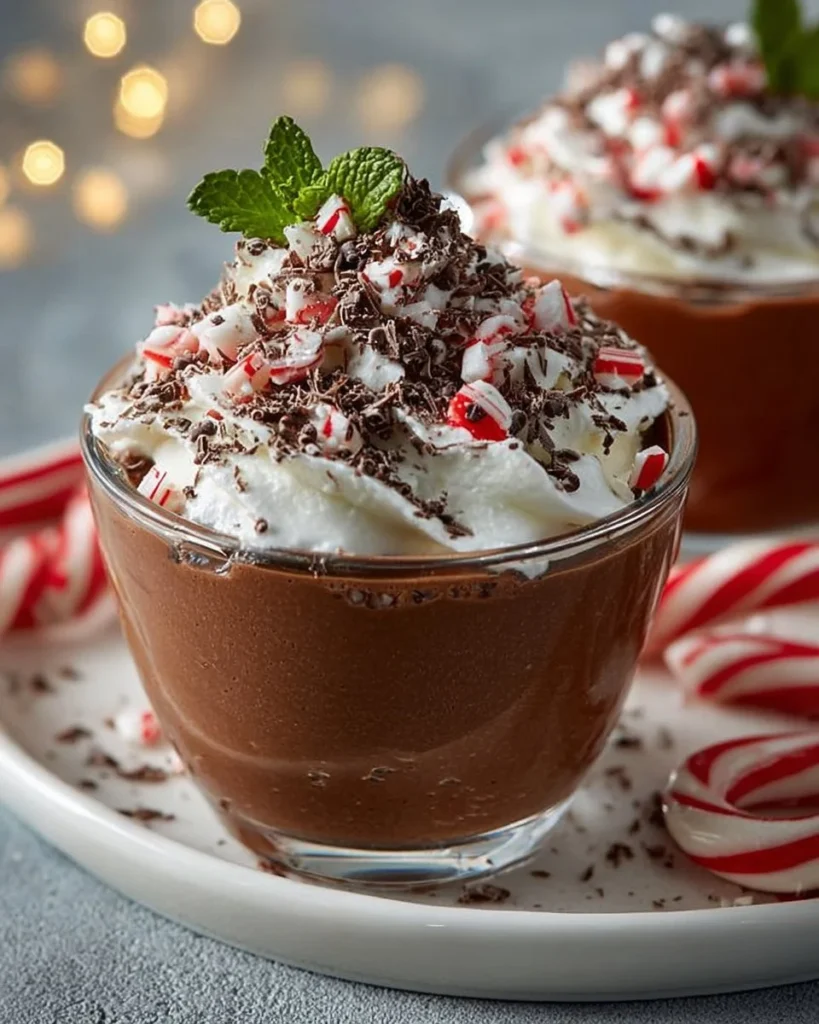 Delicious chocolate peppermint mousse dessert topped with crushed peppermint.