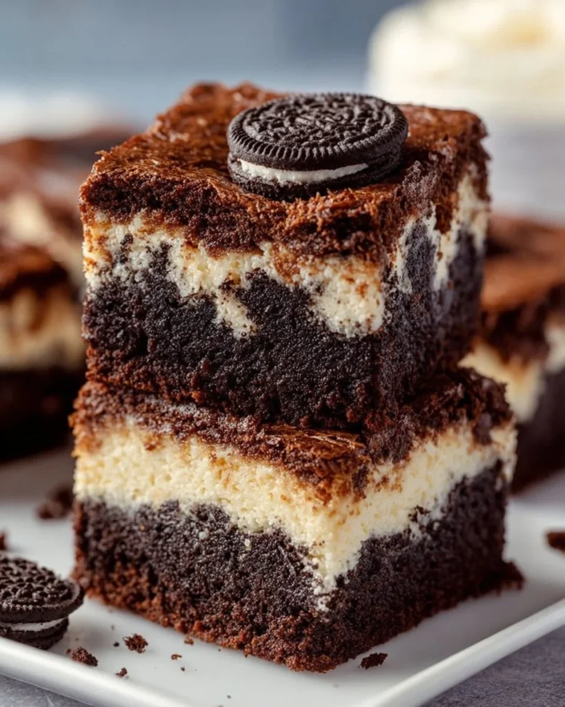 Delicious Cookies and Cream Brownies topped with crushed cookies and cream.