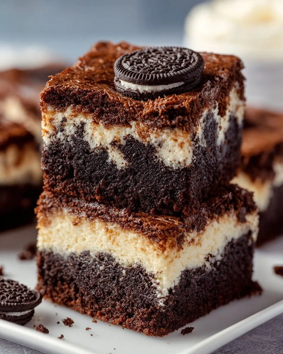Delicious Cookies and Cream Brownies topped with crushed cookies and cream.