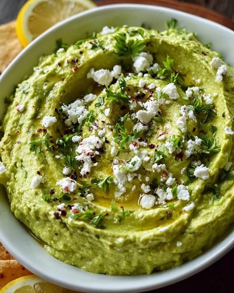Creamy avocado feta dip in a bowl with fresh herbs