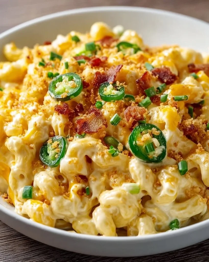 Creamy spicy jalapeño popper mac and cheese in a bowl garnished with jalapeños.