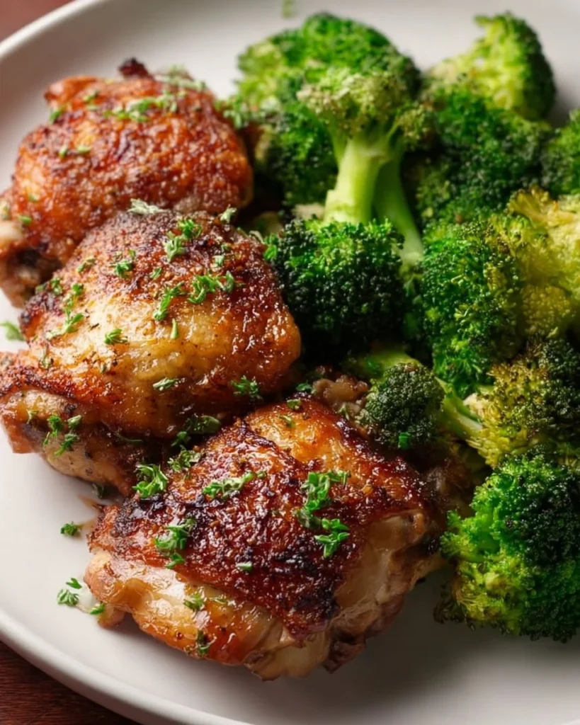 Crispy air fryer chicken thighs served with broccoli on a plate