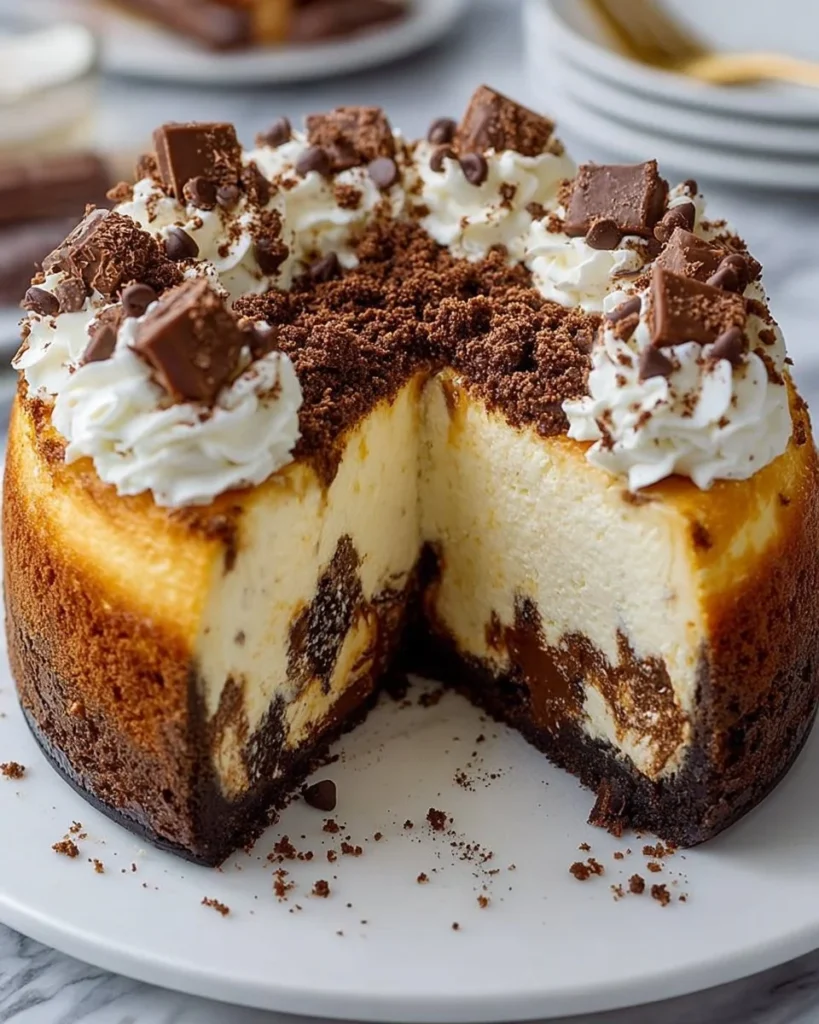 Slice of delicious Easy Cannoli Cheesecake topped with chocolate chips