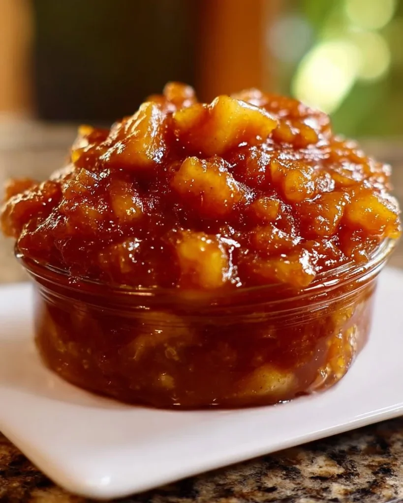 Jar of homemade easy fall caramel apple jam with apples and caramel
