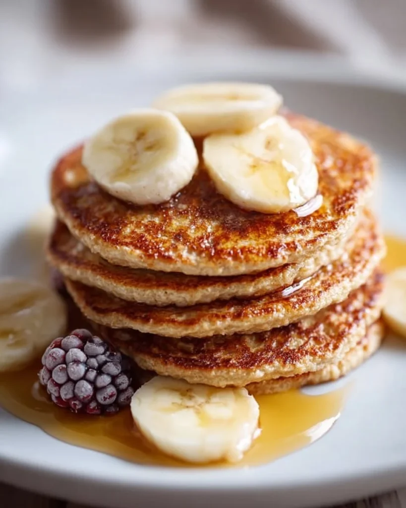 Flourless banana protein pancakes stacked on a plate with syrup