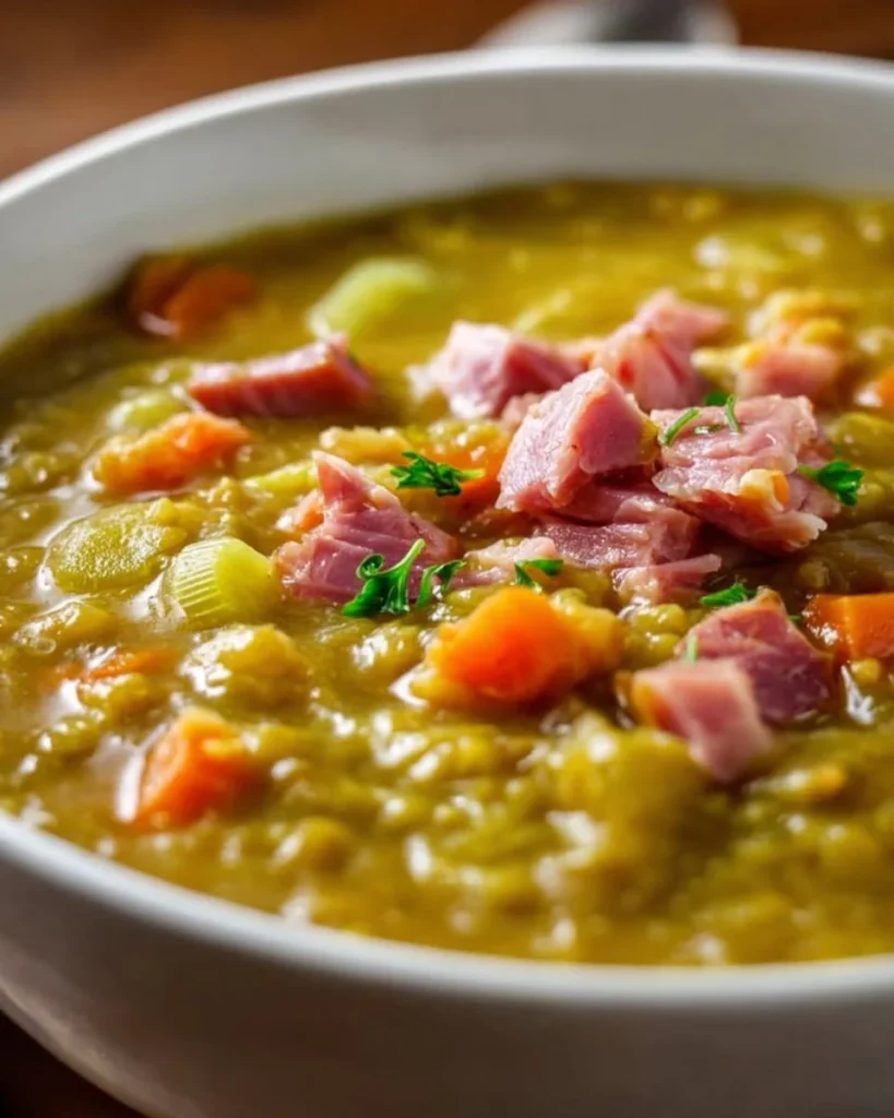 Bowl of French Canadian split pea soup garnished with herbs.