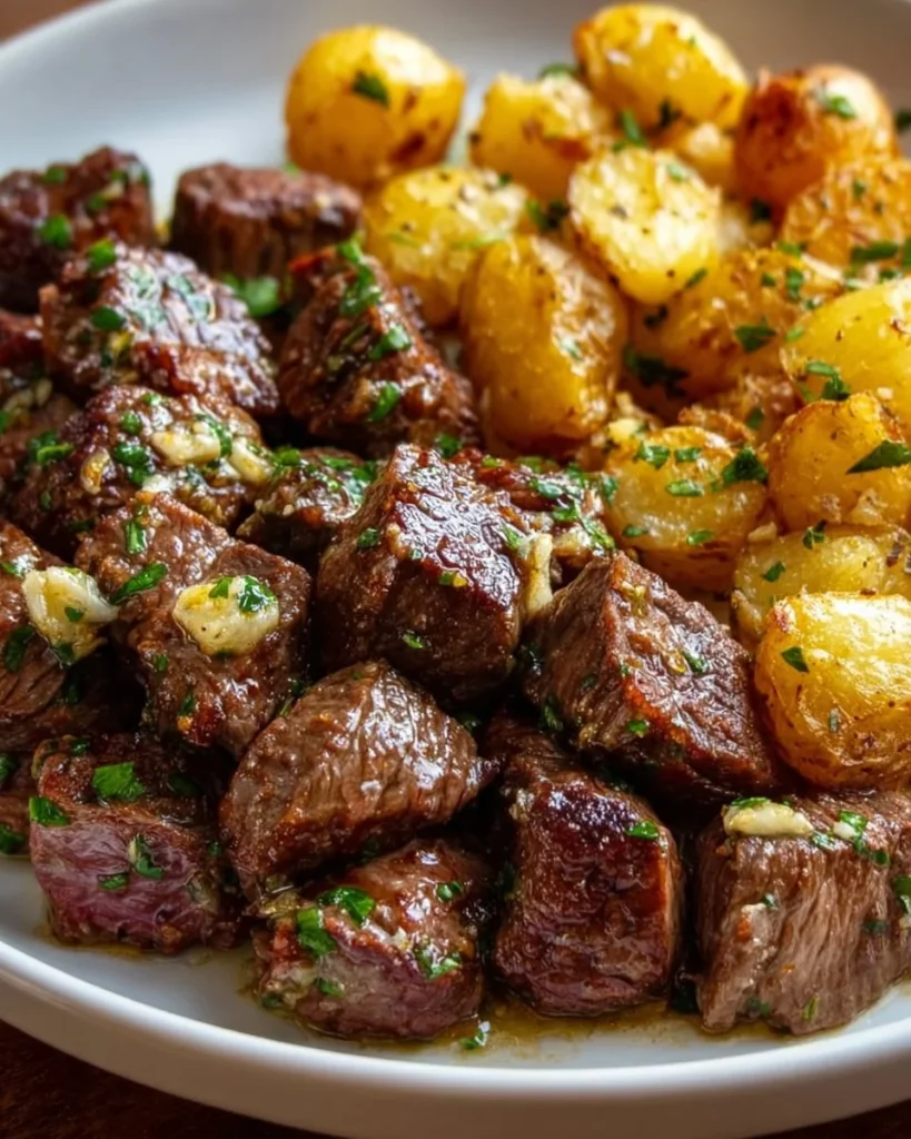 Delicious Garlic Butter Steak Bites served with Crispy Potatoes on a plate