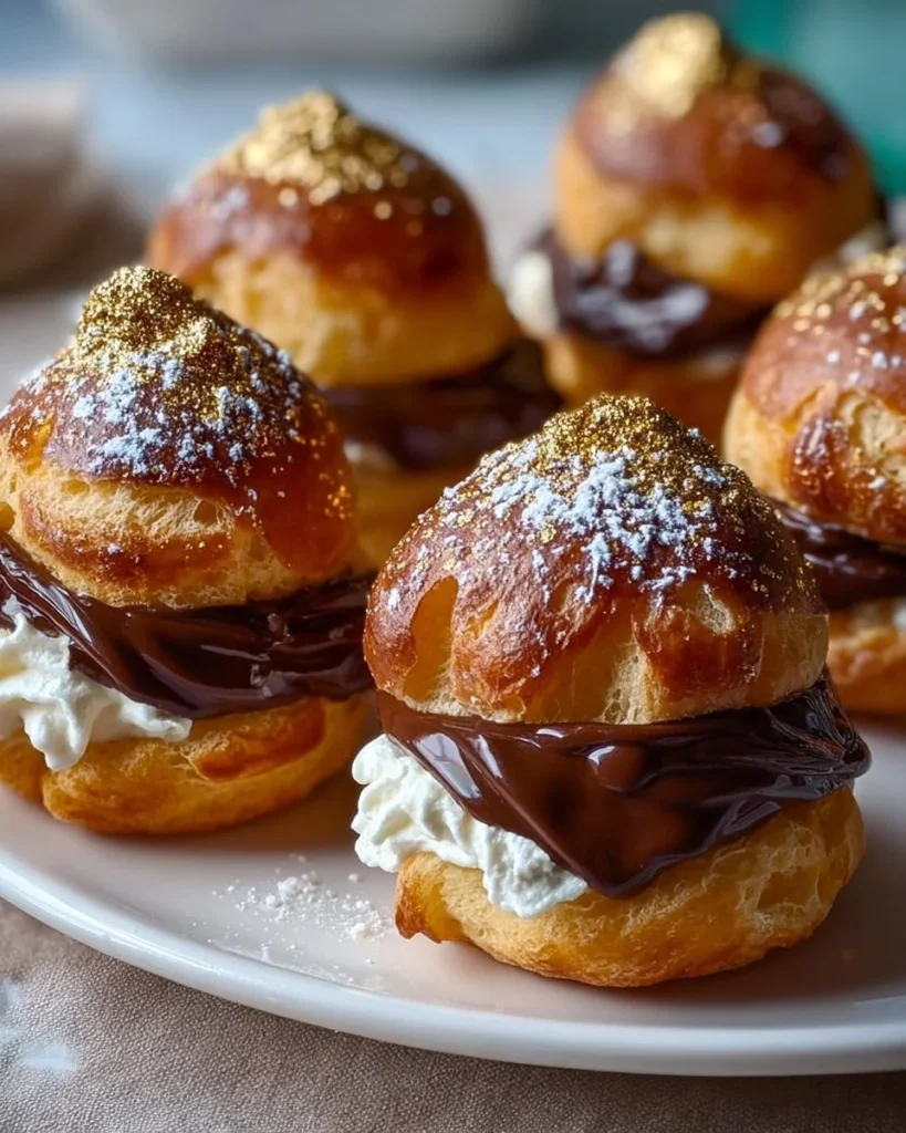 Gold dusted chocolate profiteroles, a delicious dessert topped with luxurious gold