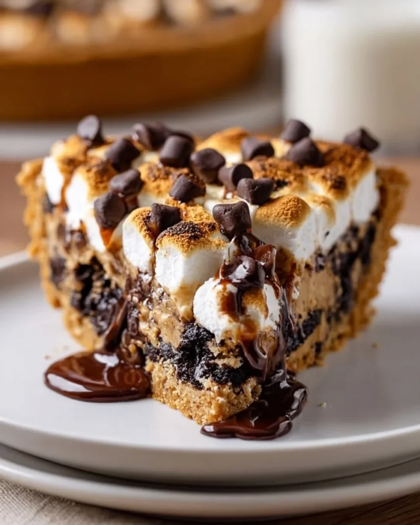 Gooey chocolate chip s'mores cookie pie with melted chocolate and marshmallows