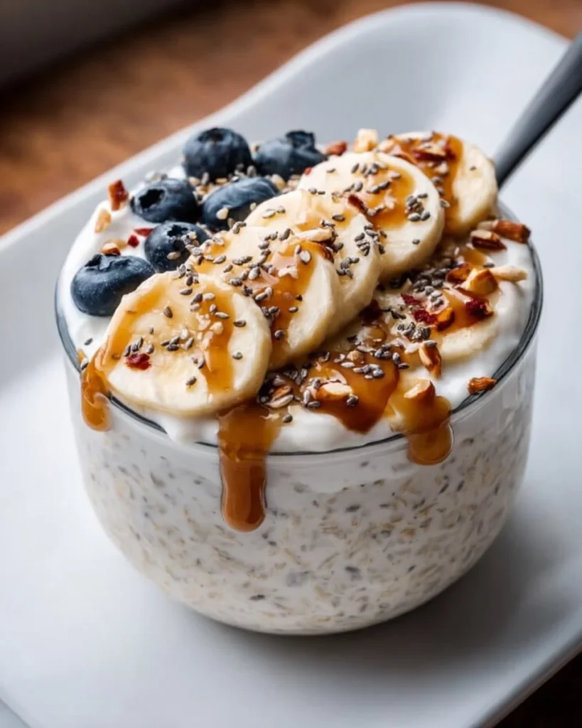 High protein cottage cheese overnight oats in a bowl with fruits and nuts