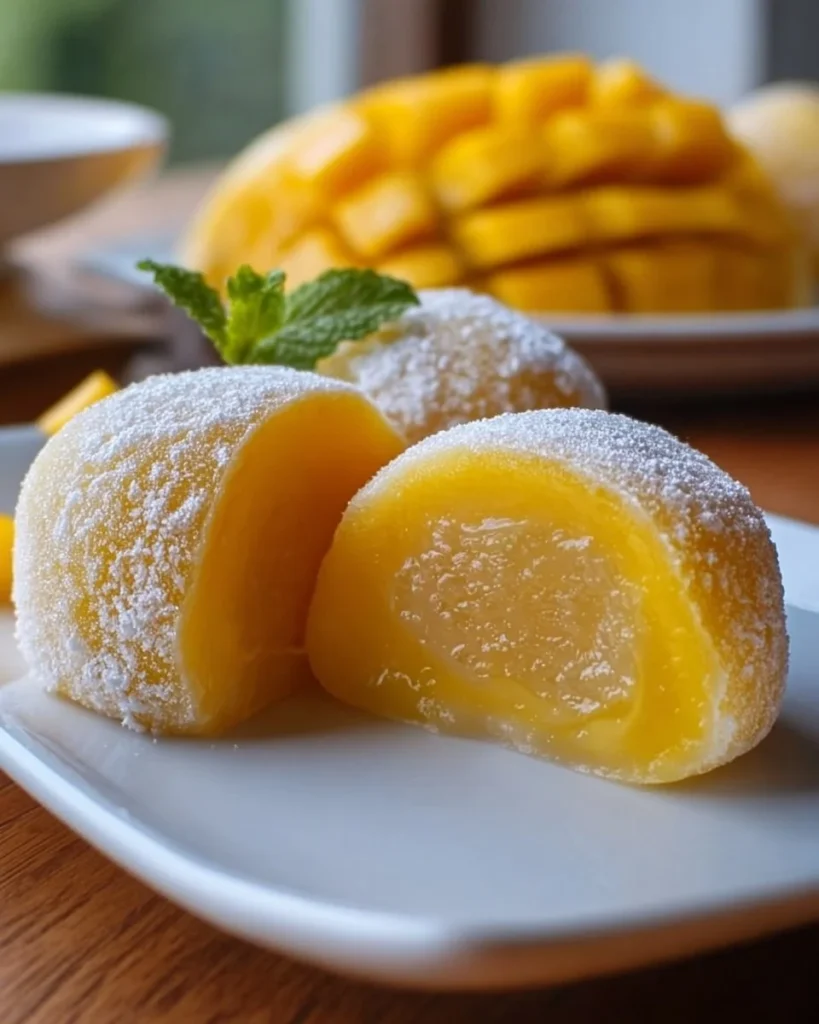 Delicious homemade mango mochi dessert served on a plate