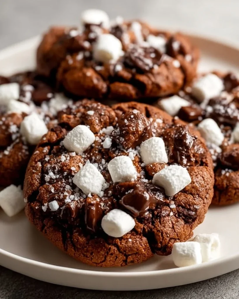 Delicious hot chocolate cookies with melted chocolate chips and marshmallows.