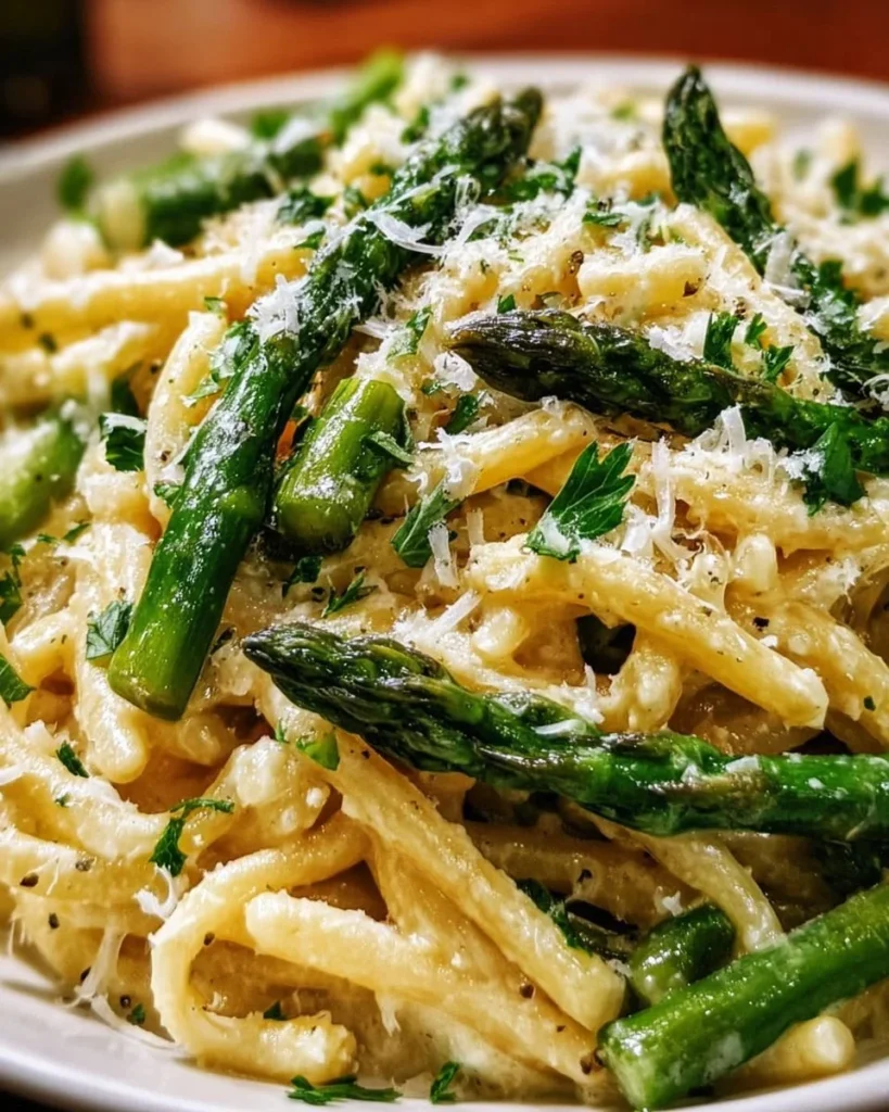 Delicious Light Lemon Asparagus Pasta garnished with fresh herbs