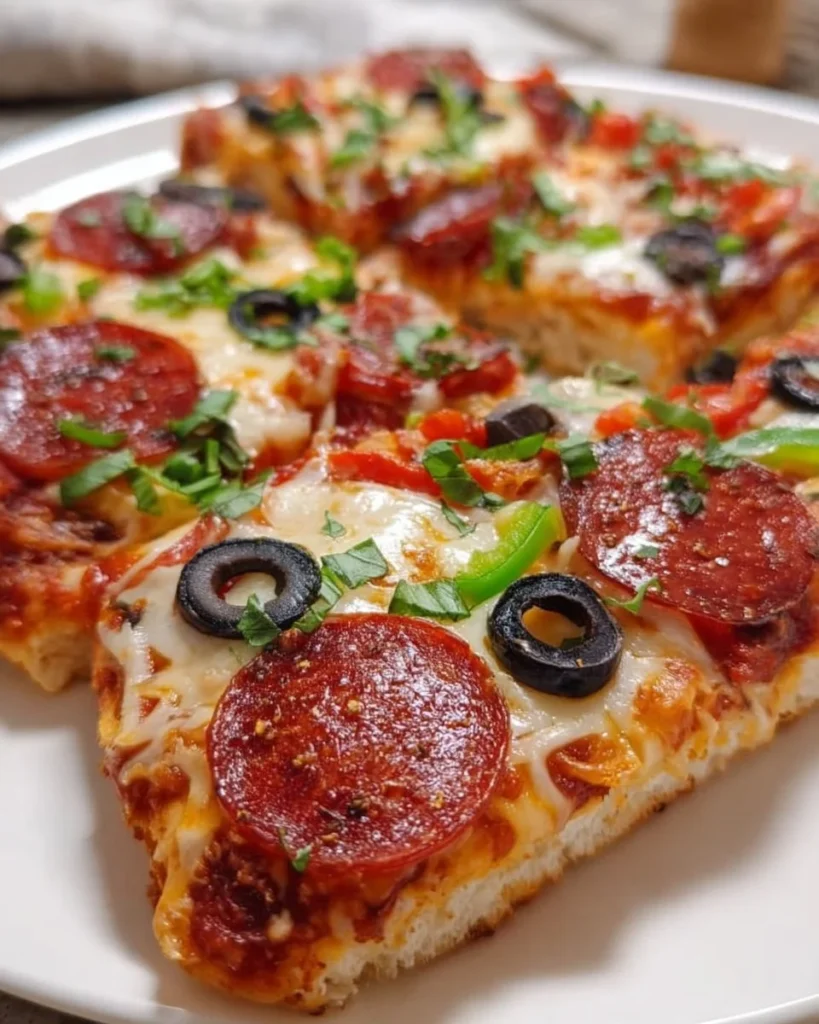 Loaded flatbread pizza topped with colorful vegetables and melted cheese