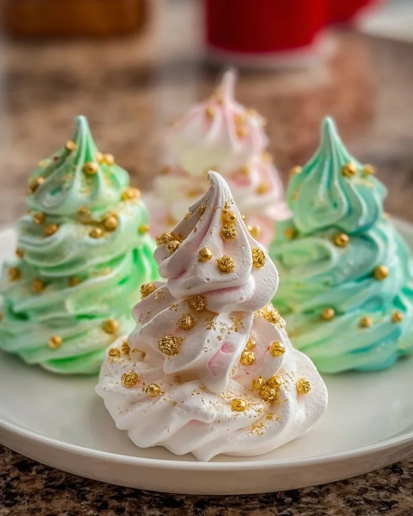 Decorative meringue Christmas trees on a festive table