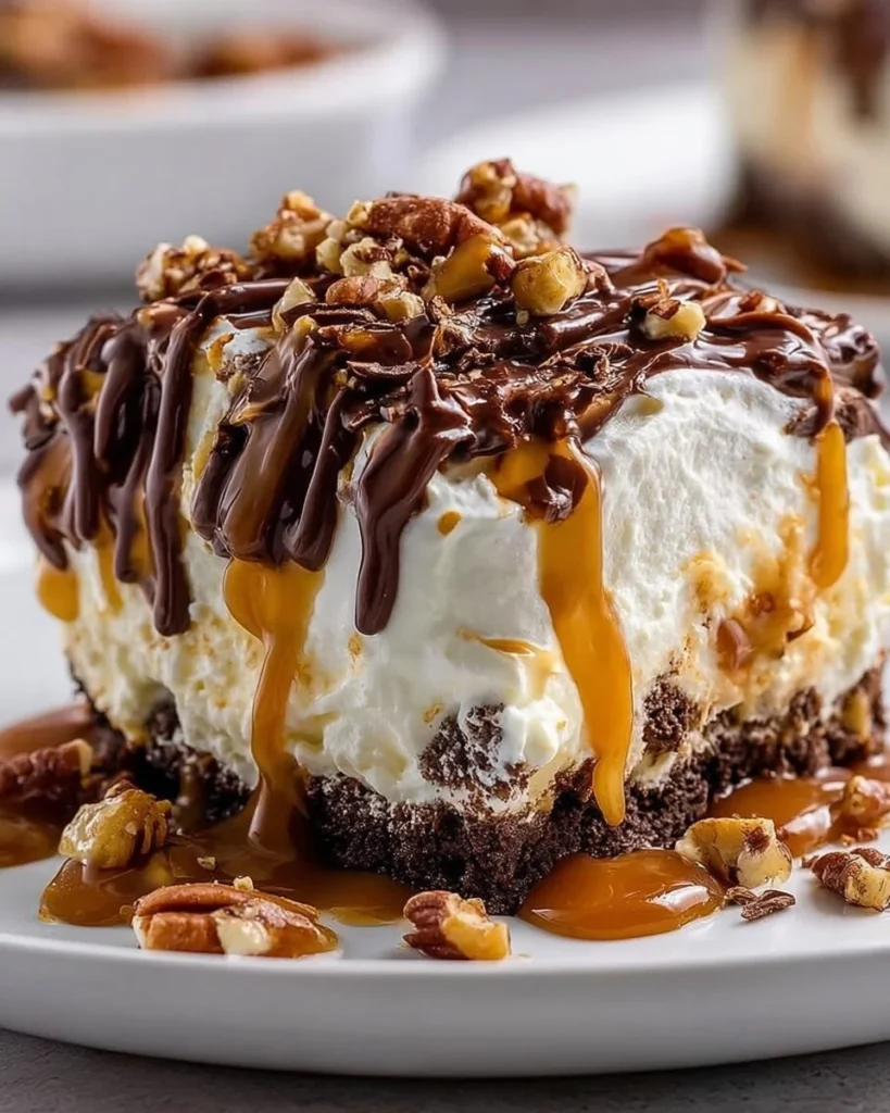 No-bake turtle lasagna dessert with layers of chocolate, caramel, and nuts