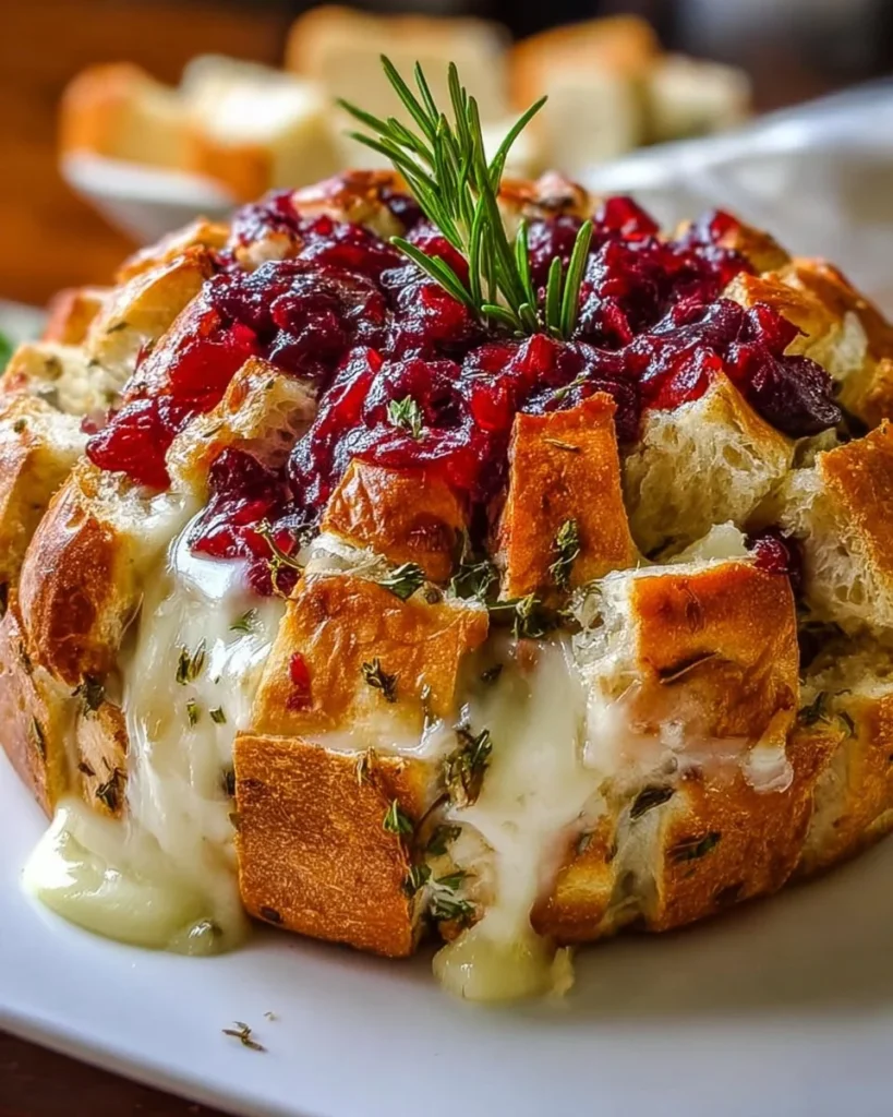 Delicious pull-apart sourdough brie and cranberry bread served warm.