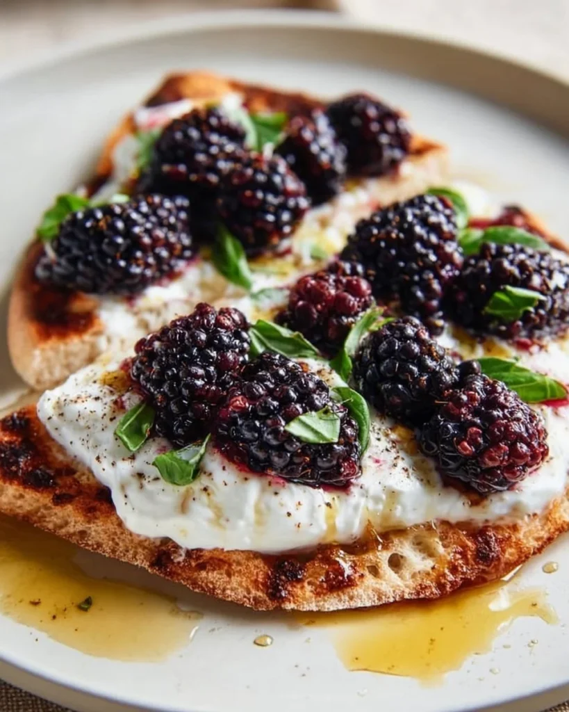 Smashed Blackberry Burrata Sourdough Flatbread with fresh blackberries and creamy burrata