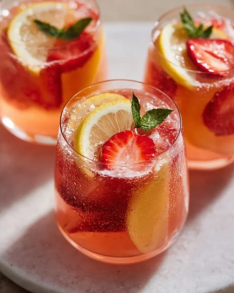 Refreshing Strawberry Peach Lemonade Cooler in a glass with fruit garnishes