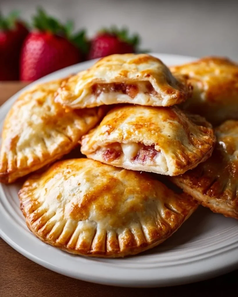 Freshly baked strawberry rhubarb hand pies on a wooden table