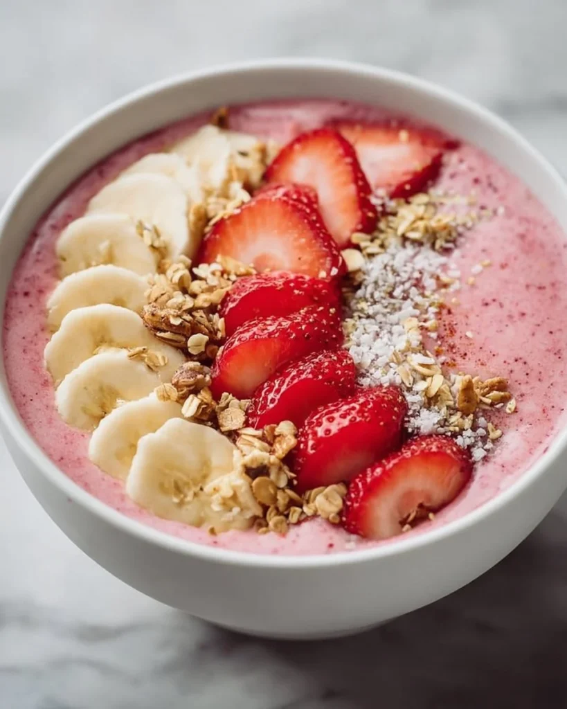 Strawberry smoothie bowl topped with fresh strawberries and granola