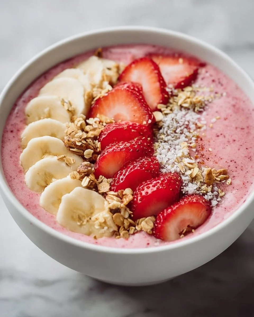 Strawberry smoothie bowl topped with fresh strawberries and granola
