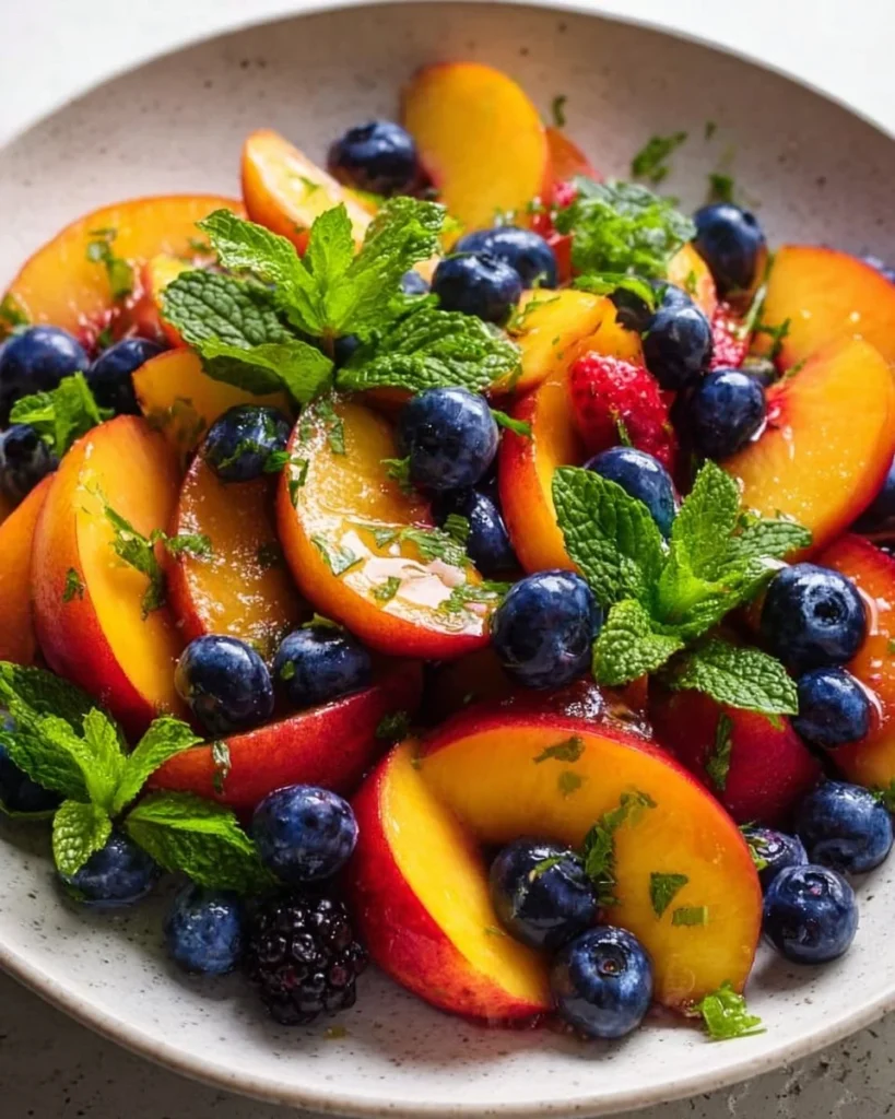 Colorful summer peach salad with fresh fruits and greens