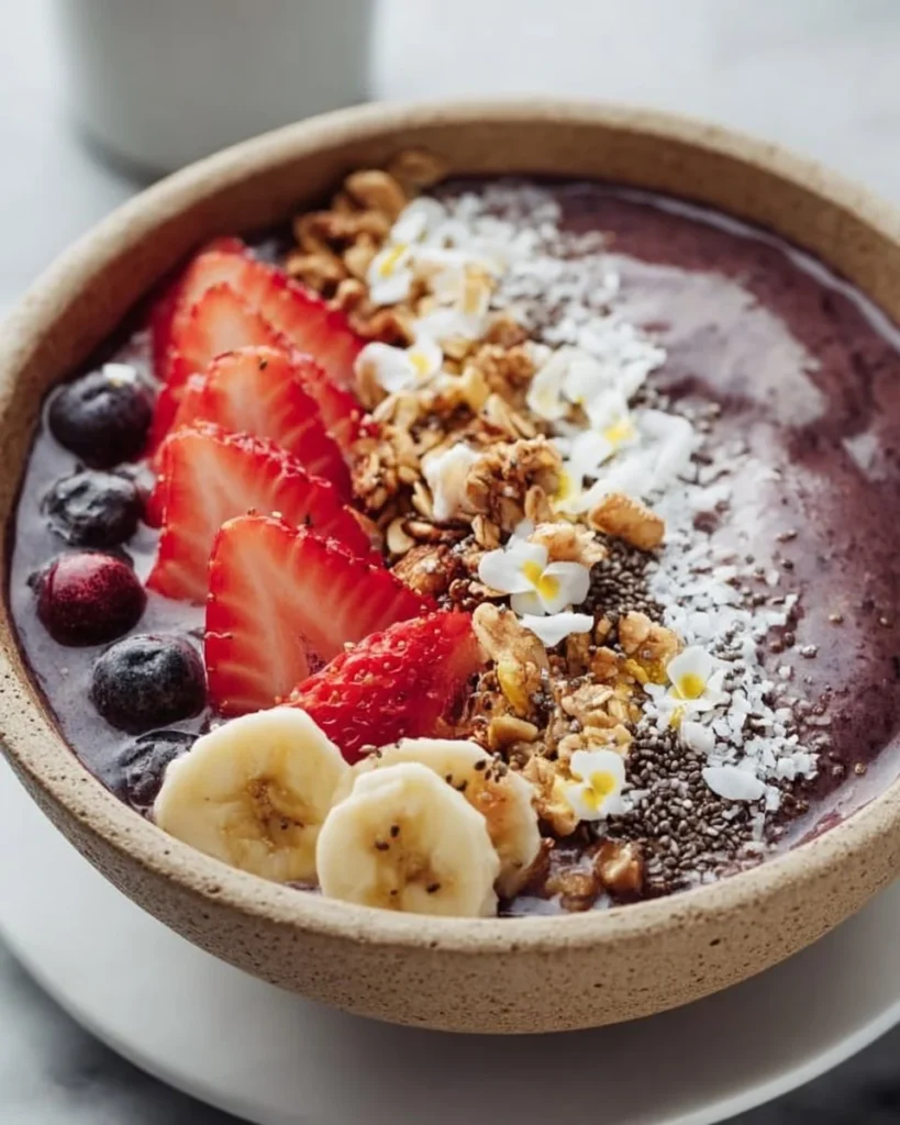 Delicious acai bowl topped with fresh fruits and granola
