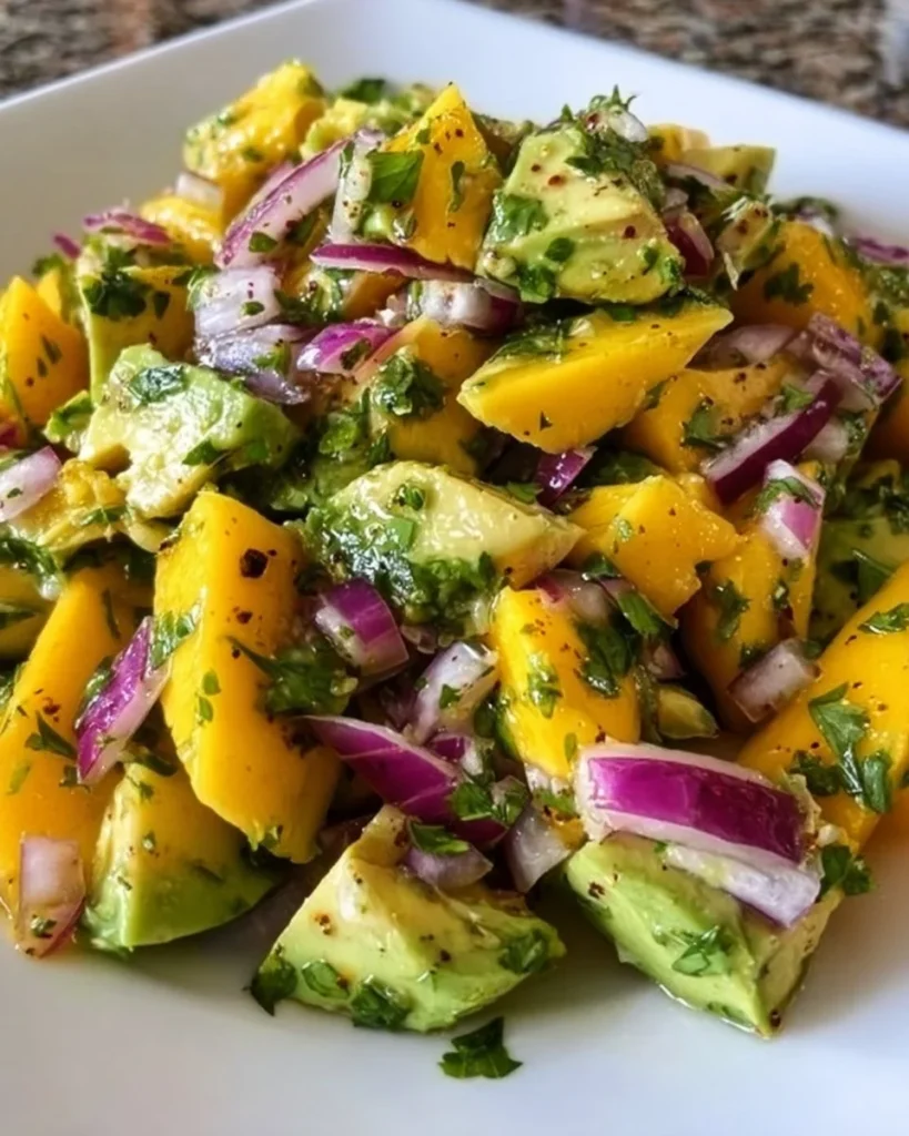 A colorful Avocado Mango Salad with vibrant greens and juicy mango.