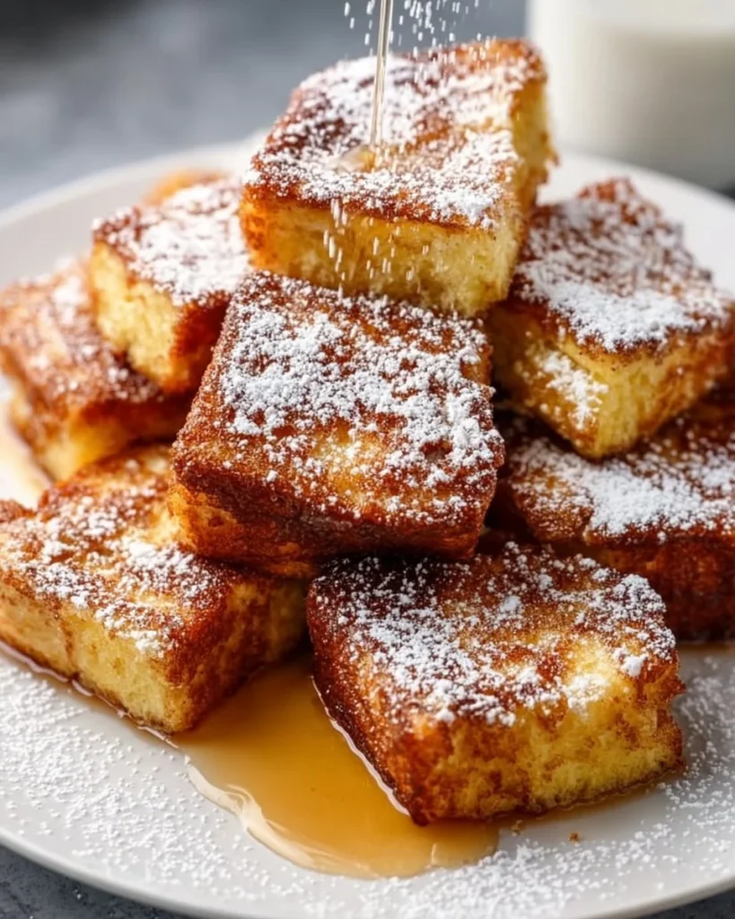 Delicious baked cinnamon French toast topped with syrup and powdered sugar