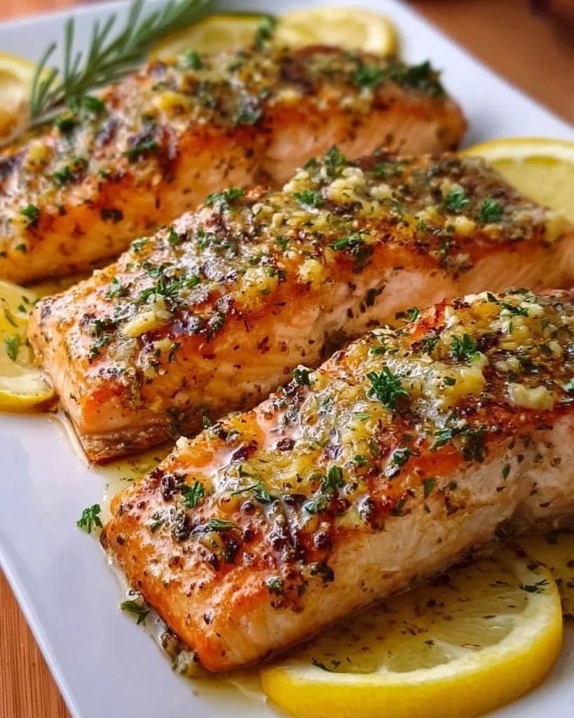 Baked Lemon Dijon Salmon with Garlic on a plate garnished with herbs