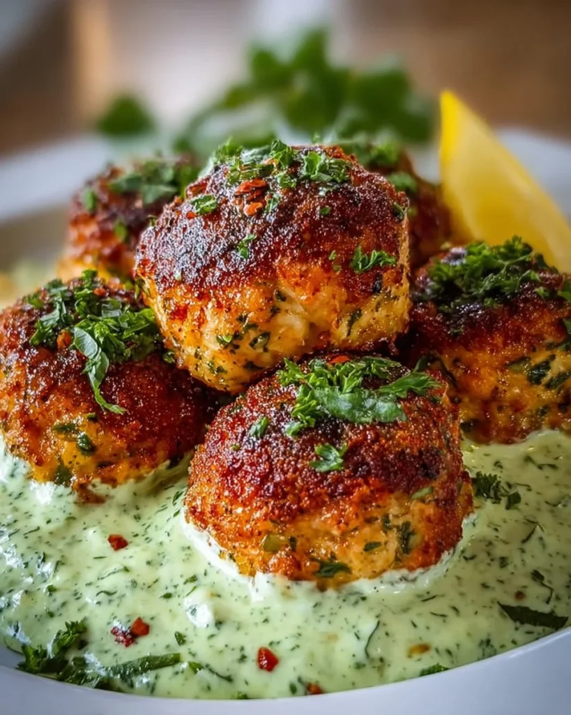 Baked salmon meatballs served with zesty avocado sauce on a plate