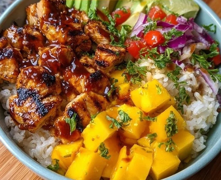BBQ Chicken Mango Bowl topped with fresh mango and vibrant ingredients