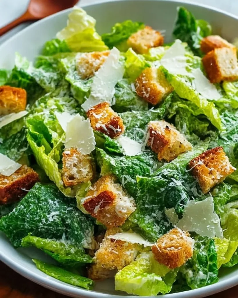 Delicious homemade Caesar Salad with croutons, parmesan cheese, and dressing.